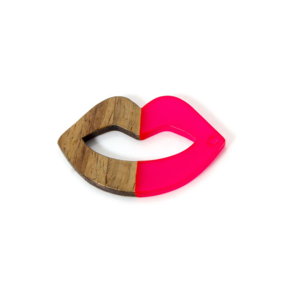 Picture of 2 PCs Resin & Natural Wood Valentine's Day Pendants Fuchsia Lip Hollow 3.7cm x 2.4cm