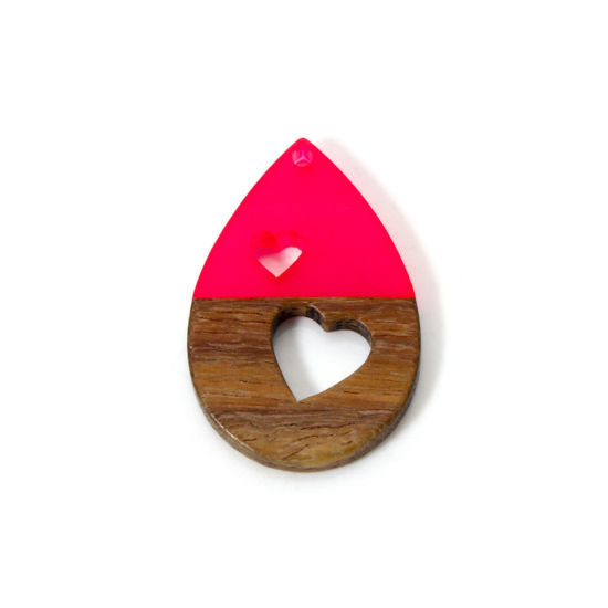 Picture of 2 PCs Resin & Natural Wood Valentine's Day Pendants Fuchsia Drop Heart Hollow 3.8cm x 2.5cm