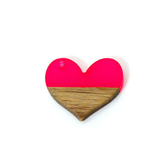 Picture of 2 PCs Resin & Natural Wood Valentine's Day Charms Fuchsia Heart 25mm x 21mm