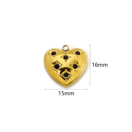 Bild von 1 Stück Umweltfreundliche PVD-Vakuumbeschichtung wasserdicht anlaufgeschützt hypoallergen  304 Edelstahl Valentinstag Charms Herz 18K Echtgold plattiert Schwarz Zirkonia 16mm x 15mm