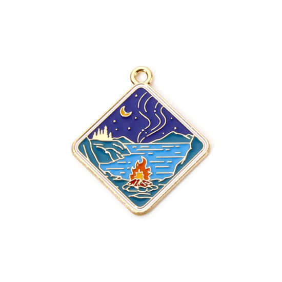 Picture of 5 PCs Zinc Based Alloy Travel Camping Theme Pendants Gold Plated Multicolor Rhombus Enamel 3.1cm x 2.7cm