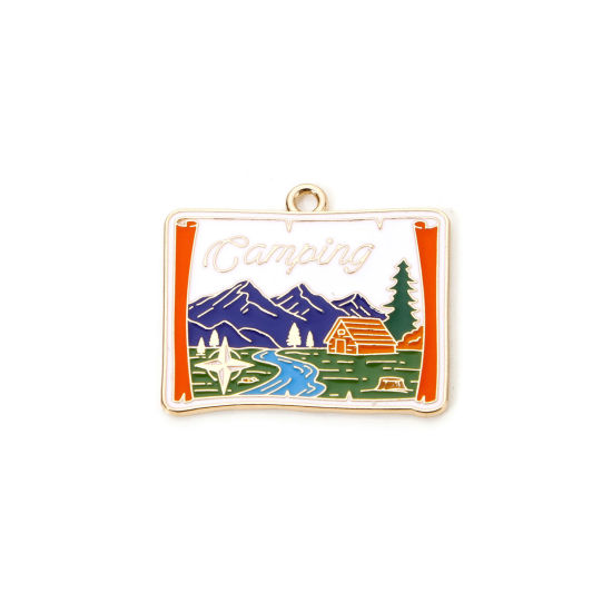 Picture of 5 PCs Zinc Based Alloy Travel Camping Theme Pendants Gold Plated Multicolor Rectangle Message " CAMPING " Enamel 3cm x 2.6cm