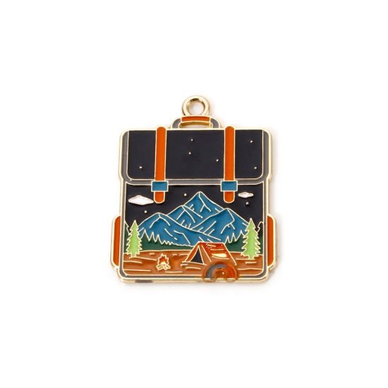 Picture of 5 PCs Zinc Based Alloy Travel Camping Theme Pendants Gold Plated Multicolor Bag Enamel 3.1cm x 2.4cm