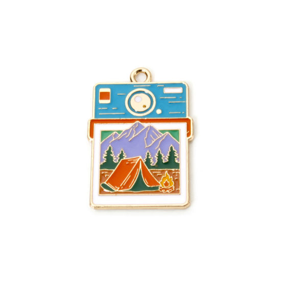 Picture of 5 PCs Zinc Based Alloy Travel Camping Theme Pendants Gold Plated Multicolor Camera Enamel 3cm x 2.1cm