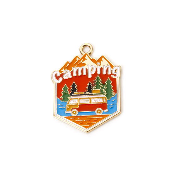 Picture of 5 PCs Zinc Based Alloy Travel Camping Theme Pendants Gold Plated Multicolor Mountain Enamel 3cm x 2.2cm