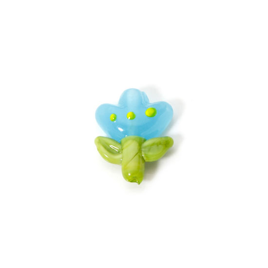 Imagen de 2 Unidades Colección Flora Cuentas Para Hacer Joyas De Bricolaje Vidrio Murano de Flor , Azul 3D 22mm x 18mm, Agujero: acerca de 1.4mm