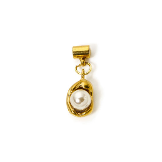 Picture of 1 Piece Eco-friendly PVD Vacuum Plating 304 Stainless Steel Slider Stopper Bead Charm Pendant 18K Gold Plated Champagne Pea Imitation Pearl 23mm x 8mm