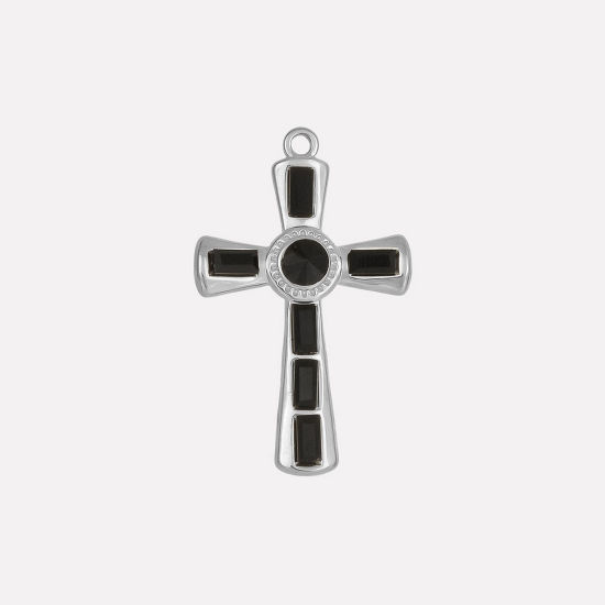 Bild von 1 Stück 304 Edelstahl Religiös Anhänger Kreuz Silberfarbe Schwarz Strass 37mm x 23mm