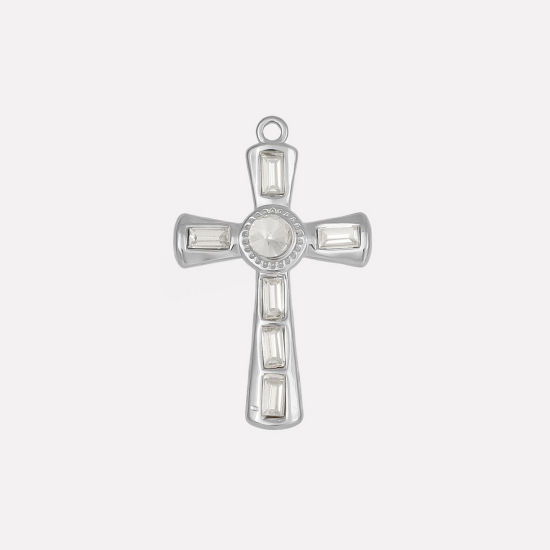 Bild von 1 Stück 304 Edelstahl Religiös Anhänger Kreuz Silberfarbe Transparent Strass 37mm x 23mm