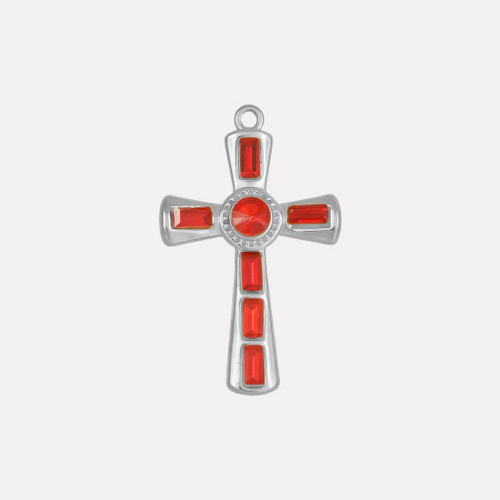 Bild von 1 Stück 304 Edelstahl Religiös Anhänger Kreuz Silberfarbe Rot Strass 37mm x 23mm