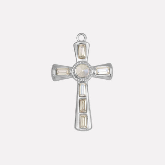 Bild von 1 Stück 304 Edelstahl Religiös Anhänger Kreuz Silberfarbe AB Farben Strass 37mm x 23mm