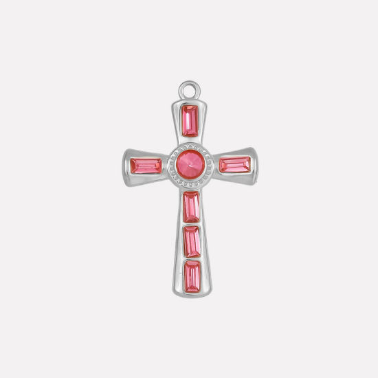 Bild von 1 Stück 304 Edelstahl Religiös Anhänger Kreuz Silberfarbe Fuchsie Strass 37mm x 23mm