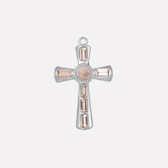 Bild von 1 Stück 304 Edelstahl Religiös Anhänger Kreuz Silberfarbe Rosa Strass 37mm x 23mm