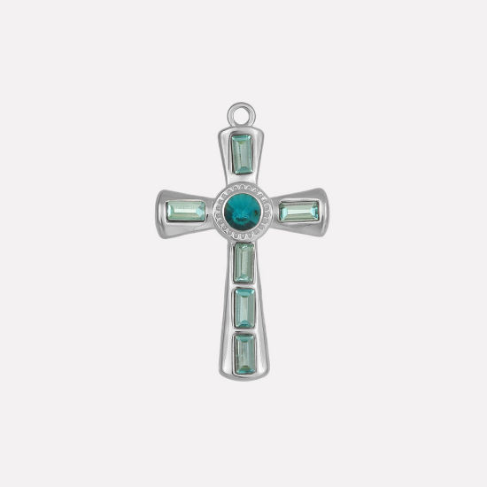 Bild von 1 Stück 304 Edelstahl Religiös Anhänger Kreuz Silberfarbe Saphir Strass 37mm x 23mm