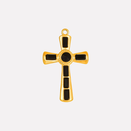 Bild von 1 Stück Umweltfreundliche PVD-Vakuumbeschichtung 304 Edelstahl Religiös Anhänger Kreuz 18K Vergoldet Schwarz Strass 37mm x 23mm