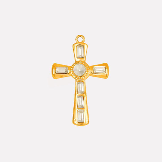 Bild von 1 Stück Umweltfreundliche PVD-Vakuumbeschichtung 304 Edelstahl Religiös Anhänger Kreuz 18K Vergoldet Transparent Strass 37mm x 23mm