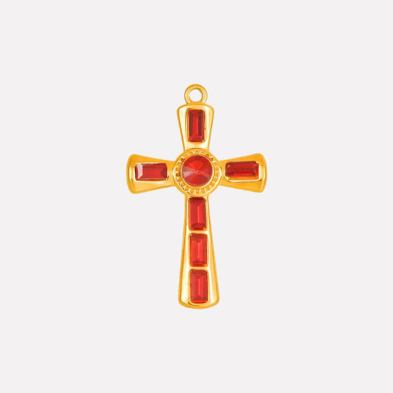 Bild von 1 Stück Umweltfreundliche PVD-Vakuumbeschichtung 304 Edelstahl Religiös Anhänger Kreuz 18K Vergoldet Rot Strass 37mm x 23mm