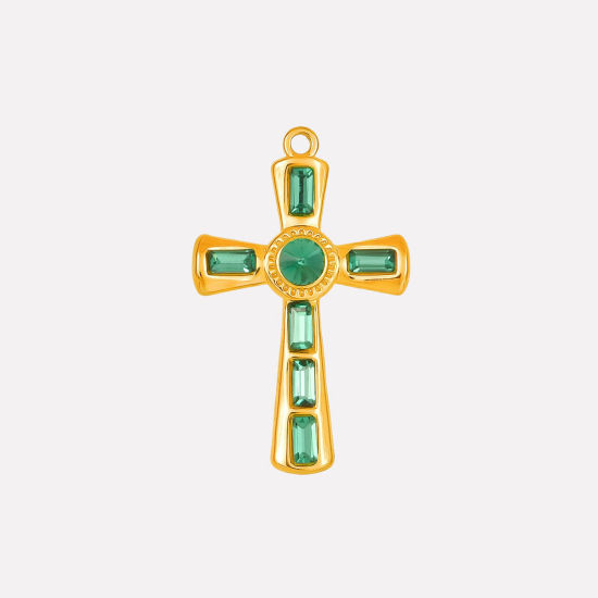 Bild von 1 Stück Umweltfreundliche PVD-Vakuumbeschichtung 304 Edelstahl Religiös Anhänger Kreuz 18K Vergoldet Grün Strass 37mm x 23mm