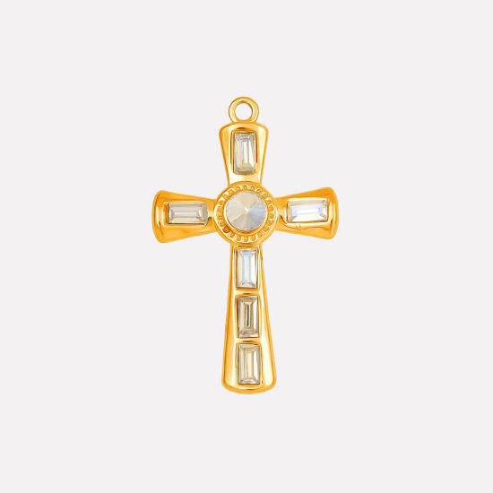 Bild von 1 Stück Umweltfreundliche PVD-Vakuumbeschichtung 304 Edelstahl Religiös Anhänger Kreuz 18K Vergoldet AB Farben Strass 37mm x 23mm