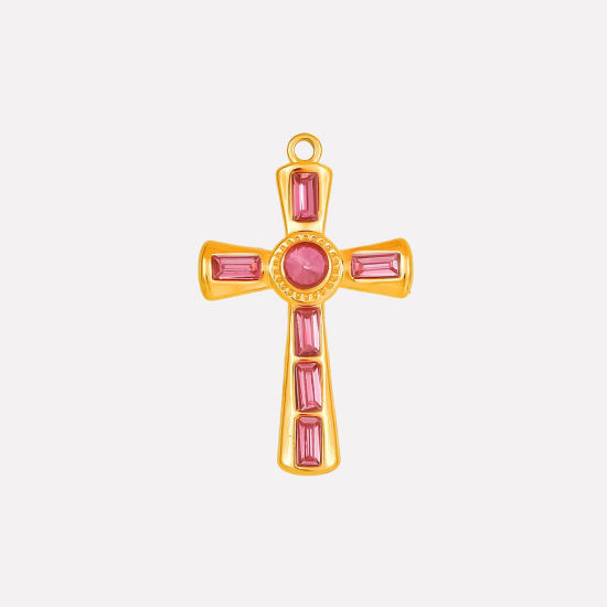 Bild von 1 Stück Umweltfreundliche PVD-Vakuumbeschichtung 304 Edelstahl Religiös Anhänger Kreuz 18K Vergoldet Fuchsie Strass 37mm x 23mm