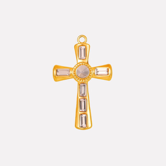 Bild von 1 Stück Umweltfreundliche PVD-Vakuumbeschichtung 304 Edelstahl Religiös Anhänger Kreuz 18K Vergoldet Rosa Strass 37mm x 23mm