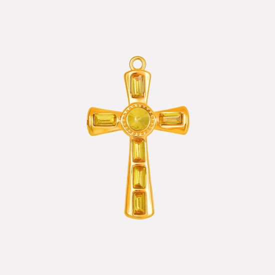 Bild von 1 Stück Umweltfreundliche PVD-Vakuumbeschichtung 304 Edelstahl Religiös Anhänger Kreuz 18K Vergoldet Gelb Strass 37mm x 23mm