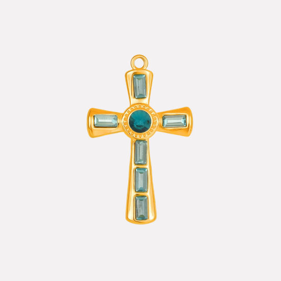 Bild von 1 Stück Umweltfreundliche PVD-Vakuumbeschichtung 304 Edelstahl Religiös Anhänger Kreuz 18K Vergoldet Saphir Strass 37mm x 23mm