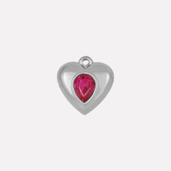 Picture of 2 PCs 304 Stainless Steel Charms Silver Tone Heart Fuchsia Rhinestone 17mm x 16mm