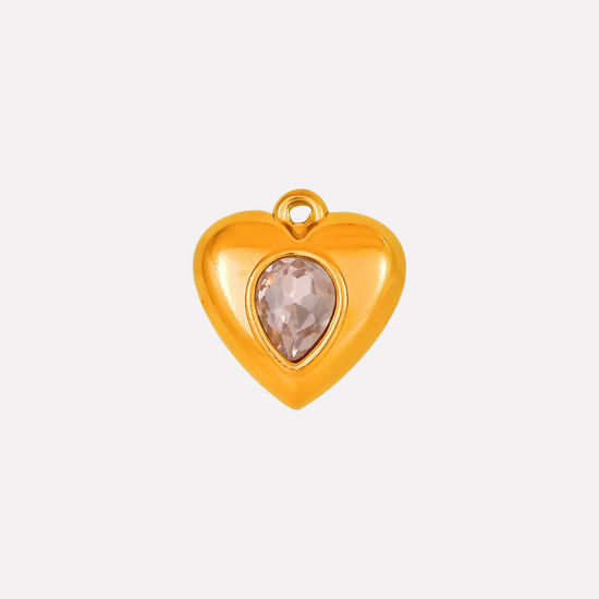Picture of 2 PCs Eco-friendly PVD Vacuum Plating 304 Stainless Steel Charms 18K Gold Plated Heart Pink Rhinestone 17mm x 16mm