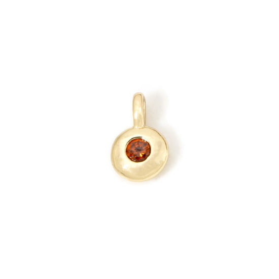 Picture of 2 PCs Brass Birthstone Charms 18K Gold Plated Round January Wine Red Cubic Zirconia 8.5mm x 5.5mm