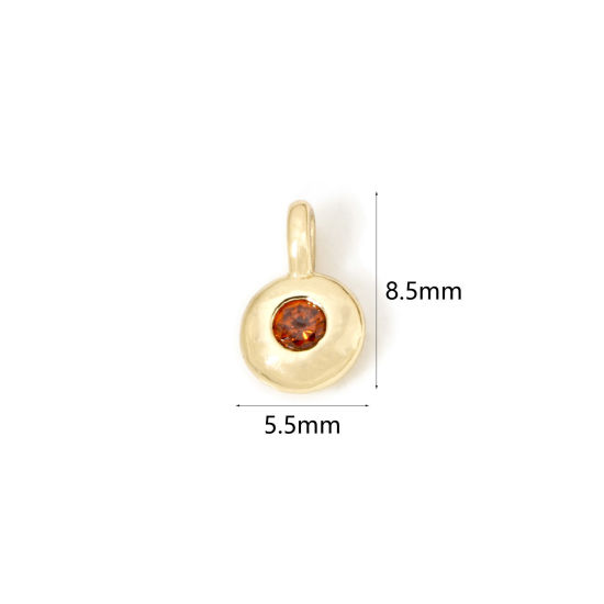 Picture of 2 PCs Brass Birthstone Charms 18K Gold Plated Round January Wine Red Cubic Zirconia 8.5mm x 5.5mm
