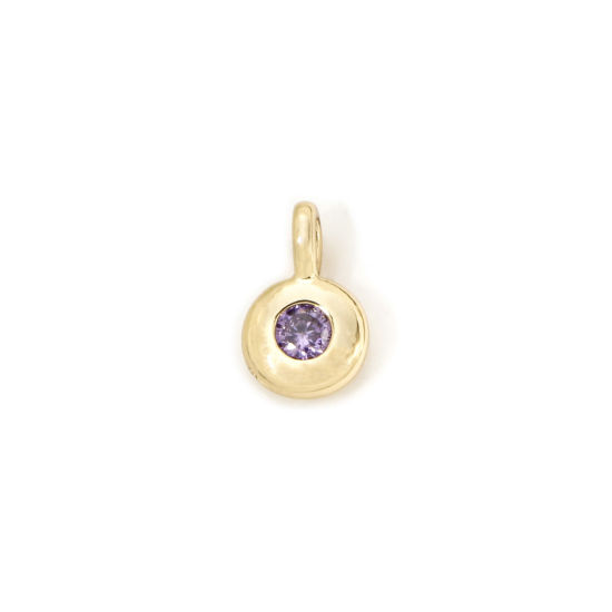 Picture of 2 PCs Brass Birthstone Charms 18K Gold Plated Round February Purple Cubic Zirconia 8.5mm x 5.5mm