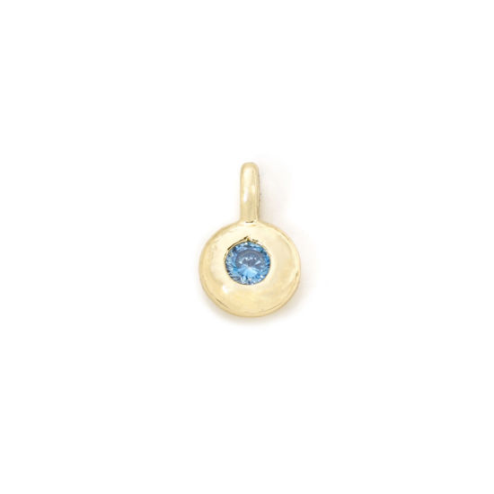 Picture of 2 PCs Brass Birthstone Charms 18K Gold Plated Round March Aqua Blue Cubic Zirconia 8.5mm x 5.5mm