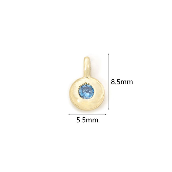 Picture of 2 PCs Brass Birthstone Charms 18K Gold Plated Round March Aqua Blue Cubic Zirconia 8.5mm x 5.5mm
