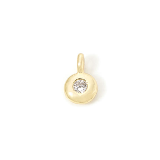 Picture of 2 PCs Brass Birthstone Charms 18K Gold Plated Round April Clear Cubic Zirconia 8.5mm x 5.5mm