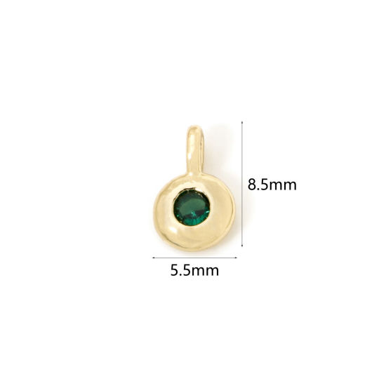 Picture of 2 PCs Brass Birthstone Charms 18K Gold Plated Round May Green Cubic Zirconia 8.5mm x 5.5mm
