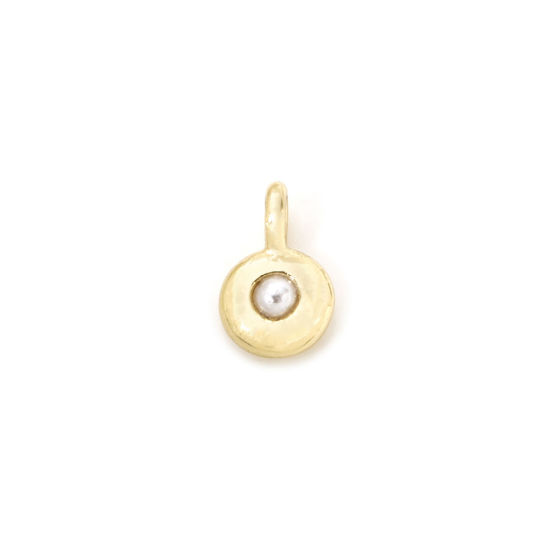 Picture of 2 PCs Brass Birthstone Charms 18K Gold Plated White Round June Imitation Pearl 8.5mm x 5.5mm