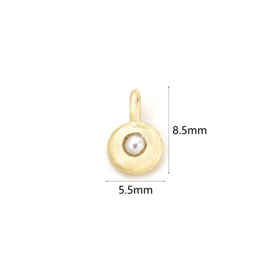 Picture of 2 PCs Brass Birthstone Charms 18K Gold Plated White Round June Imitation Pearl 8.5mm x 5.5mm