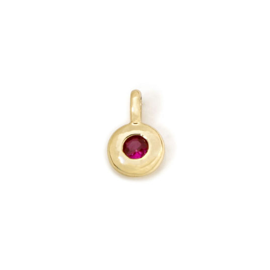 Picture of 2 PCs Brass Birthstone Charms 18K Gold Plated Round July Red Cubic Zirconia 8.5mm x 5.5mm