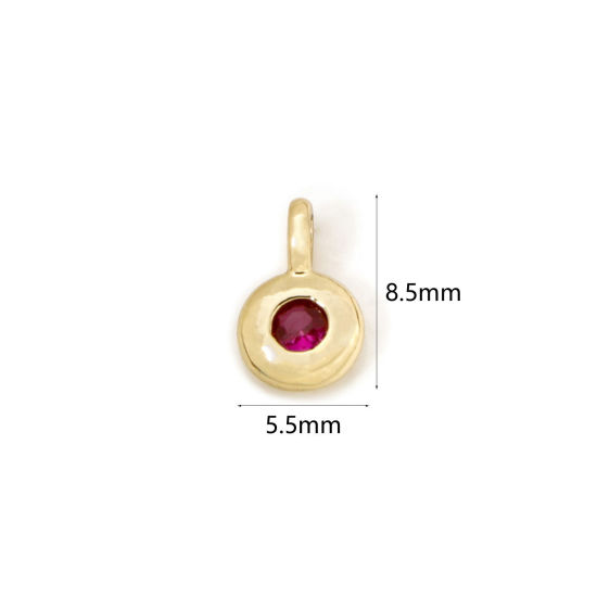 Picture of 2 PCs Brass Birthstone Charms 18K Gold Plated Round July Red Cubic Zirconia 8.5mm x 5.5mm