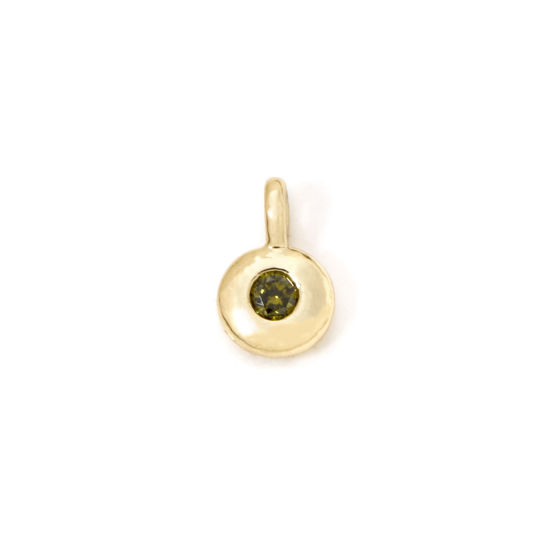 Picture of 2 PCs Brass Birthstone Charms 18K Gold Plated Round August Olive Green Cubic Zirconia 8.5mm x 5.5mm