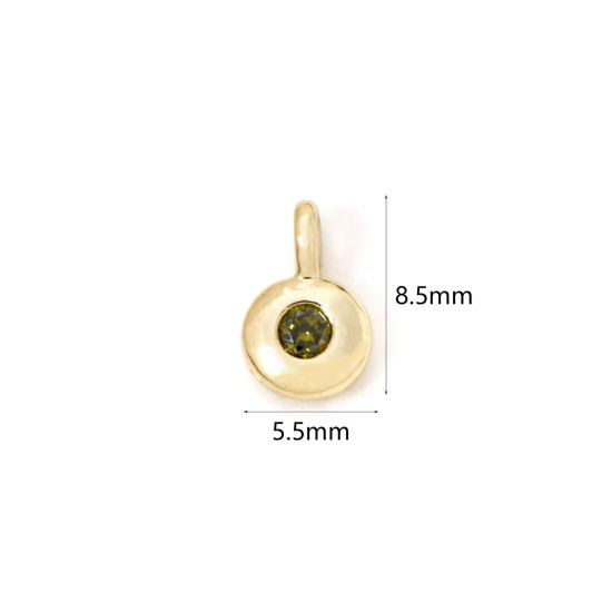 Picture of 2 PCs Brass Birthstone Charms 18K Gold Plated Round August Olive Green Cubic Zirconia 8.5mm x 5.5mm