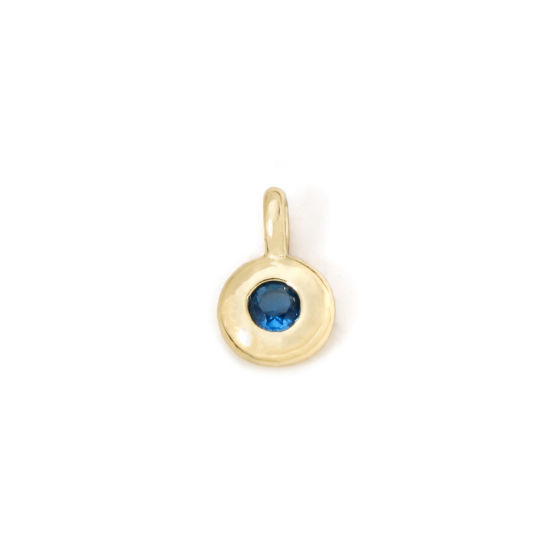 Picture of 2 PCs Brass Birthstone Charms 18K Gold Plated Round September Royal Blue Cubic Zirconia 8.5mm x 5.5mm