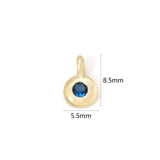 Picture of 2 PCs Brass Birthstone Charms 18K Gold Plated Round September Royal Blue Cubic Zirconia 8.5mm x 5.5mm