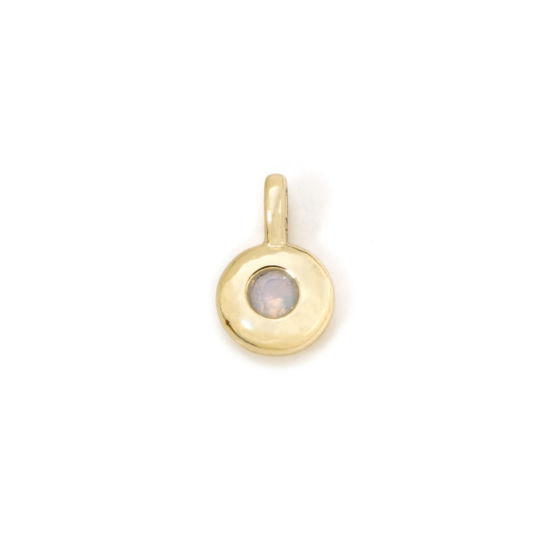 Picture of 2 PCs Brass Birthstone Charms 18K Gold Plated AB Color Round October Imitation Opal 8.5mm x 5.5mm