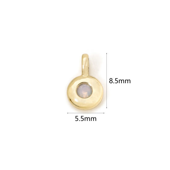 Picture of 2 PCs Brass Birthstone Charms 18K Gold Plated AB Color Round October Imitation Opal 8.5mm x 5.5mm