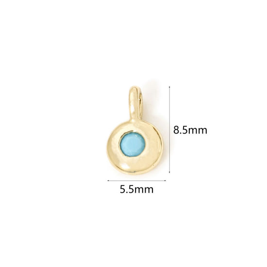 Picture of 2 PCs Brass Birthstone Charms 18K Gold Plated Round December Blue Cubic Zirconia 8.5mm x 5.5mm