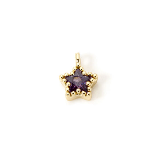 Picture of 2 PCs Brass Galaxy Charms 18K Gold Plated Pentagram Star Purple Cubic Zirconia 8mm x 6mm