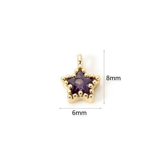 Picture of 2 PCs Brass Galaxy Charms 18K Gold Plated Pentagram Star Purple Cubic Zirconia 8mm x 6mm