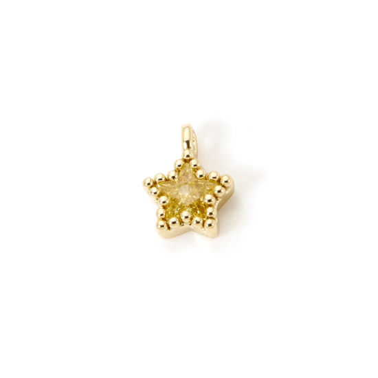 Picture of 2 PCs Brass Galaxy Charms 18K Gold Plated Pentagram Star Yellow Cubic Zirconia 8mm x 6mm